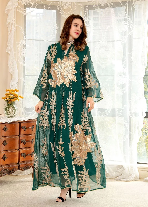 Best Online Boutiques For Women Green Embroideried Floral Sequins Tulle Long Dress Fall