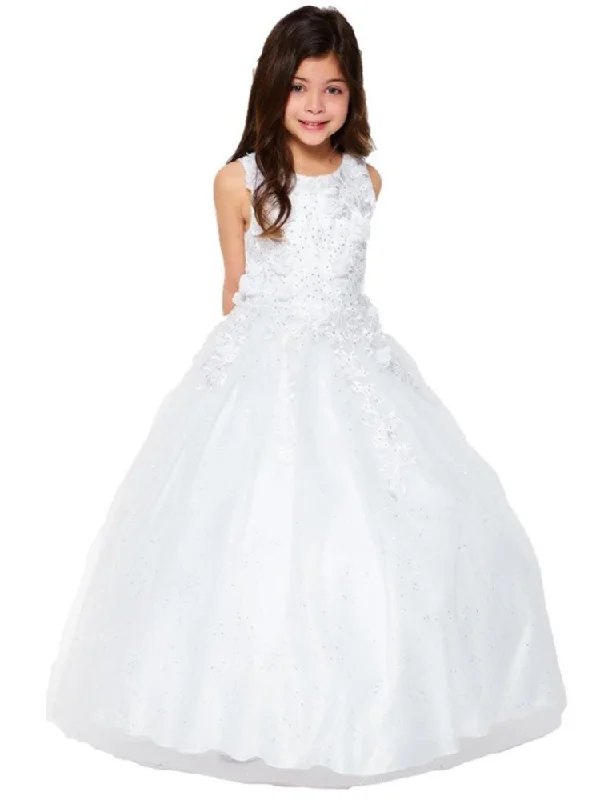 Chic & Cozy Collection Little Girls White 3D Flower Rhinestone Tulle Flower Girl Dress 2-6