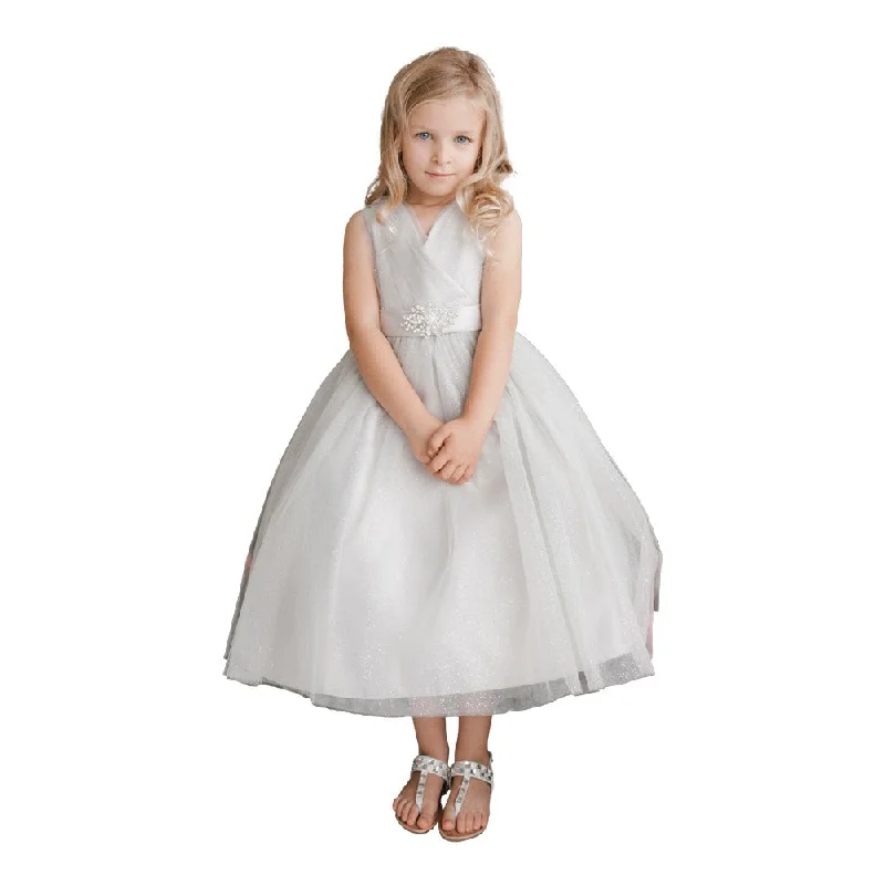 Get The Latest Trends Little Girls Silver Glitter Tulle V-Neck Rhinestone Brooch Flower Girl Dress 2-6