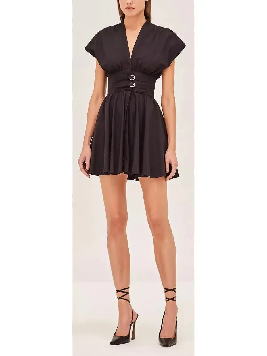 Latest Fashion Black Concealed Button-Down V-Neck Double-Belted Mini Dress