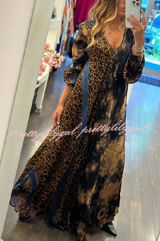 Versatile Wardrobe Essentials Touch of Fall Tie-dye Leopard Colorblock A-line Swing Maxi Dress