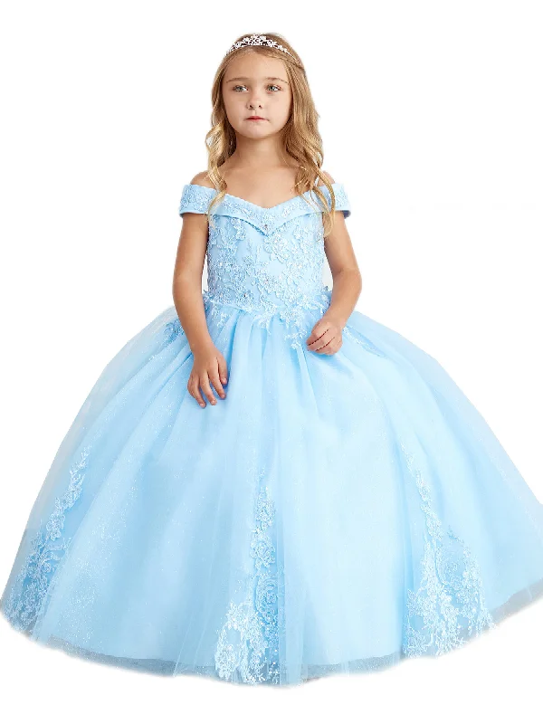 Innovate Your Wardrobe Little Girls Sky Blue Off Shoulder Lace Applique Corset Back Pageant Dress 2-6