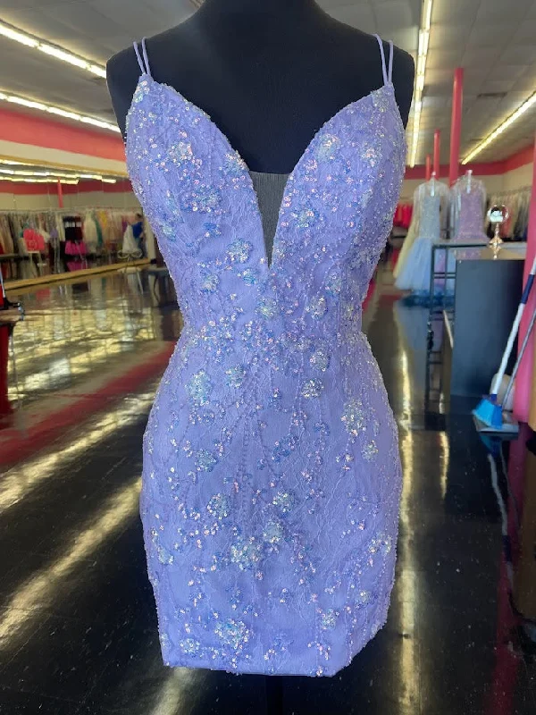 Sophisticated Outfits Amarra 87129 Size 8 Lilac Short Fitted Lace Sequin Embellished Cocktail Dress Backless Corset Formal Gown