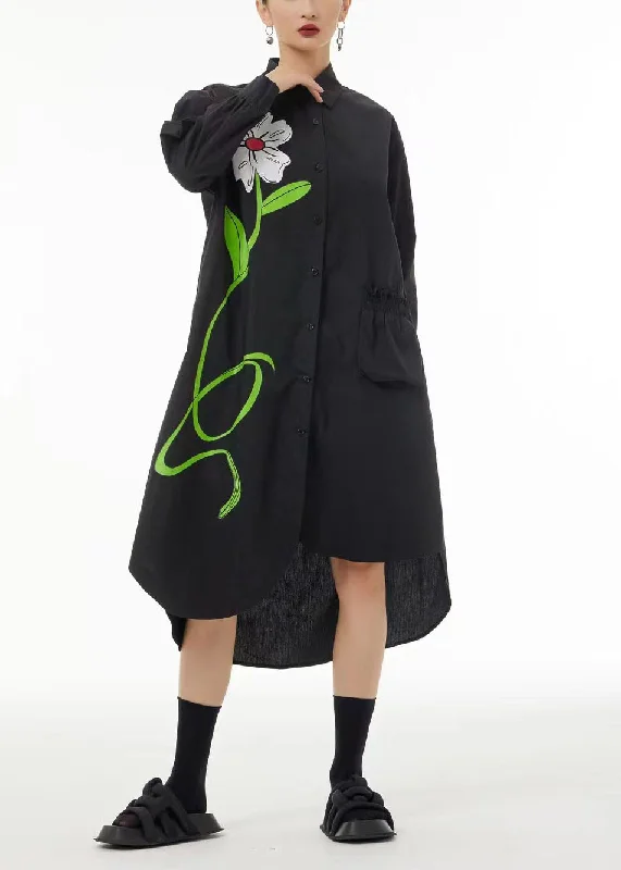 Catch Every Fashion Trend Stylish Black Asymmetrical Floral Pocket Cotton Vacation Dresses Spring