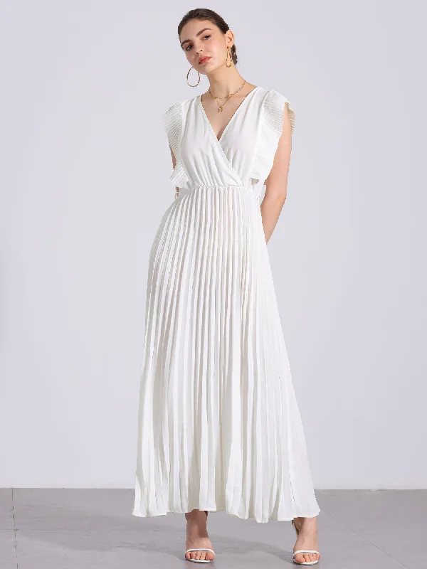 Stay Ahead In Style V Neck Short Sleeves Lace-Up Belted Pleated Maxi Dress