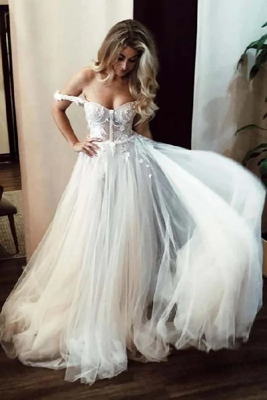 Relaxed Style Roycebridal Ivory Off Shoulder Sweetheart Long Wedding Dresses with Lace Appliques, MW708