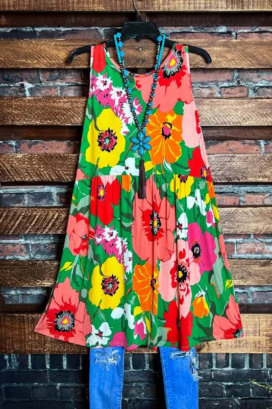 Save Big PARADISE BLOOM MULTI-COLOR FLORAL SLEEVELESS DRESS