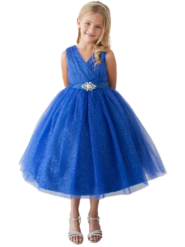 Trendy Attire For Her Little Girls Royal Blue Glitter Tulle Rhinestone Brooch Flower Girl Dress 2-6