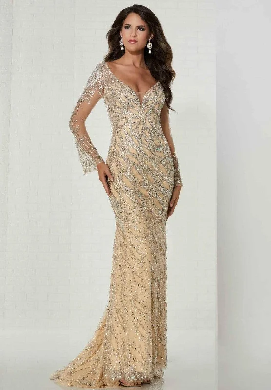 Trendy Women’s Dresses Online Tiffany Designs - Jeweled Long Sleeve Plunging Sheath Gown 46140