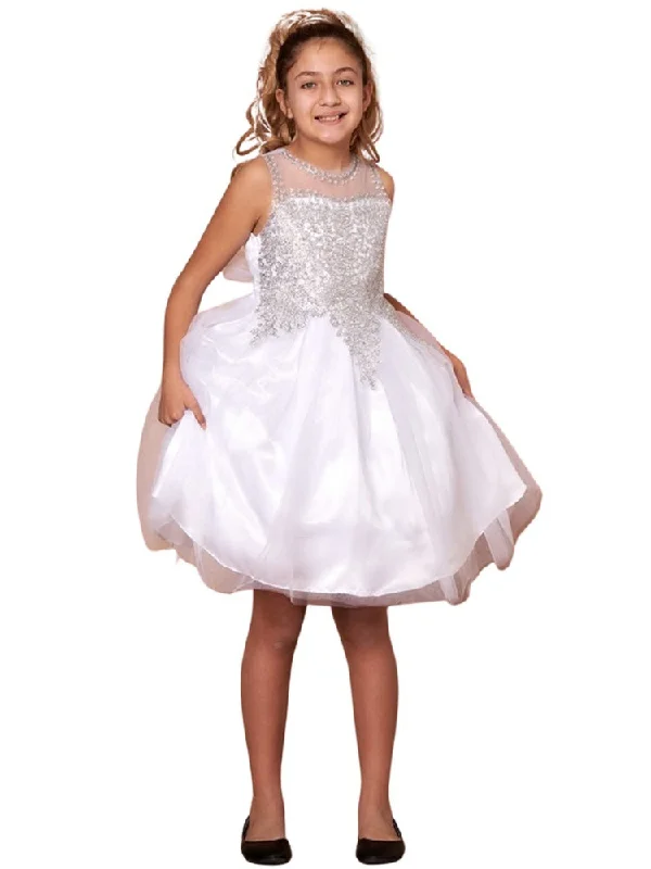 Fashion Forward Femininity Little Girls White Embroidered Illusion Neckline Flower Girl Dress 4-6