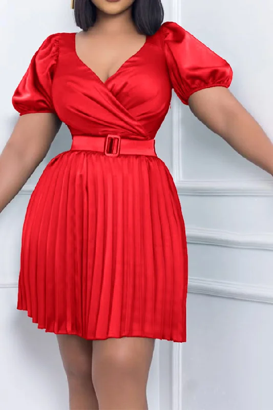 Forward Trendsetter Solid Color Urban Belted Pleated Mini Dress