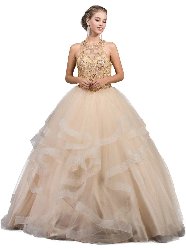 Minimalist Style Dancing Queen - 1253 Bedazzled Halter Neck Quinceanera Ballgown