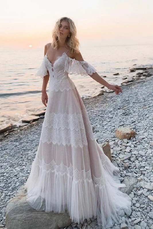 Rocker Chic Fashion Roycebridal Bohemian Tulle Lace Off-the-Shoulder Beach Wedding Dresses, Bridal Gown, MW687