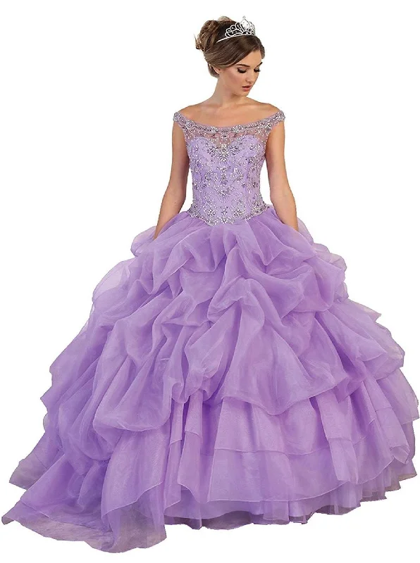 Women Wear Boutique May Queen - Embellished Illusion Off-Shoulder Ruffled Quinceanera Ballgown