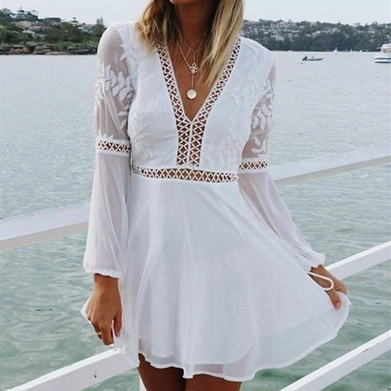 Flash Sale Starts FashionSierra - Women Chiffon White Long Sleeve Lace V-neck Long Sleeve Party Evening Cocktail Short Mini Dress