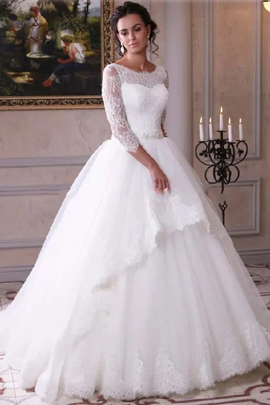 Boho Chic Fashion Roycebridal White Tulle Lace Ball Gown 3/4 Sleeves Scoop Neck Wedding Dresses, MW693