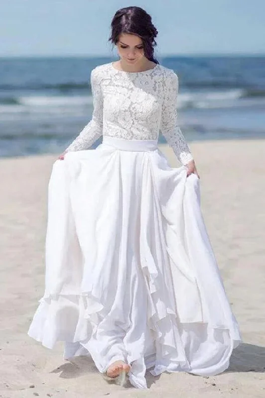 Online Clothing Boutiques Roycebridal White Chiffon Lace Long Sleeves Floor Length Beach Wedding Dresses, MW836