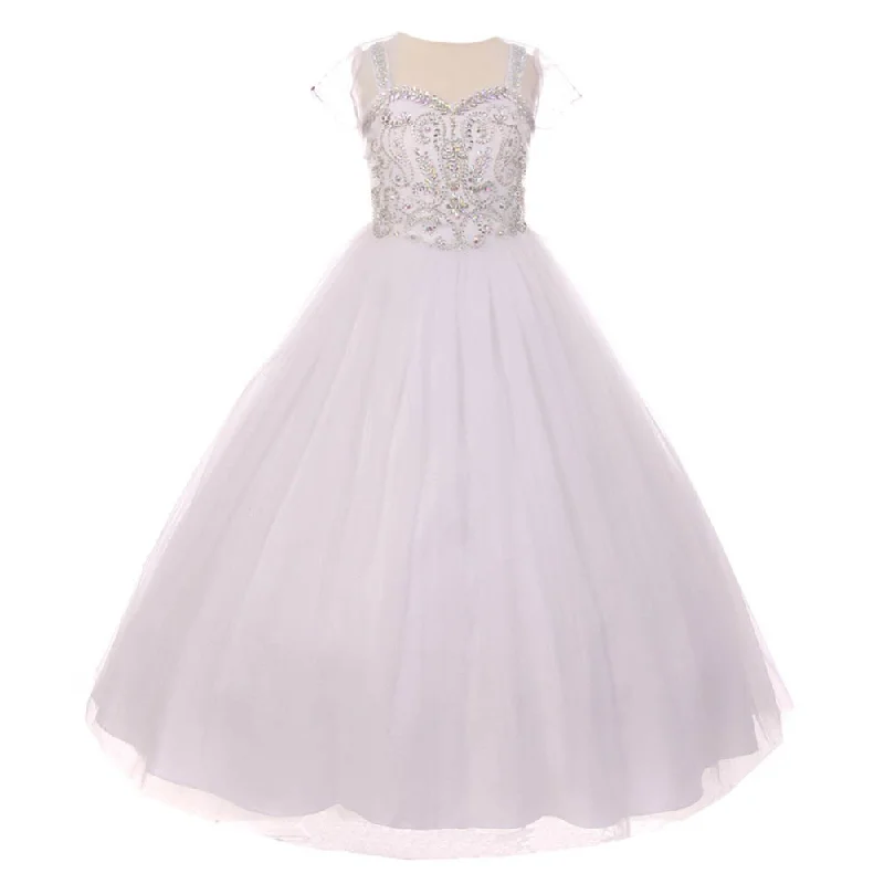 Eclectic Style Wardrobe Little Girls White Bedazzled Rhinestone Tulle Bolero Special Occasion Dress 4-6