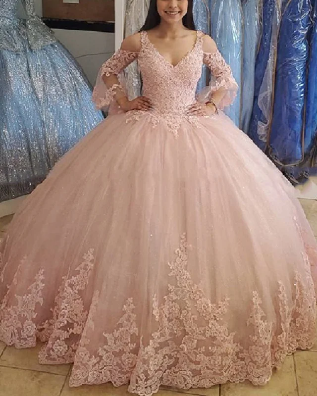 Edgy Fashion Vintage Lace Pink Ball Gown Brithday Dress for Sweet 16/15 Girls Quinceanera Dresses with Long Sleeves Edgy Fashion Vintage Lace Pink Ball Gown Brithday Dress for Sweet 16/15 Girls Quinceanera Dresses with Long Sleeves