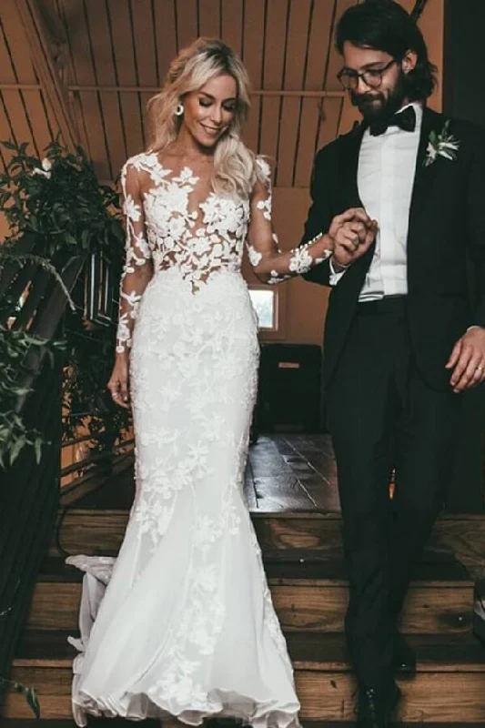 Casual Fashion Roycebridal Lace See Through Mermaid Long Sleeves Wedding Dresses, Bridal Dress, MW522