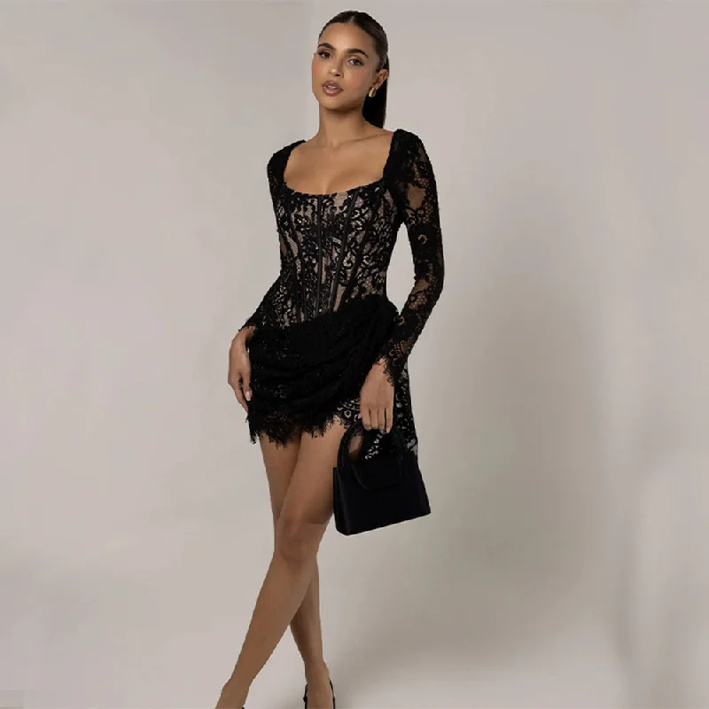 Absurdly Cheap Sale Square Collar Long Sleeve Lace Mini Dress ZNSBA1246