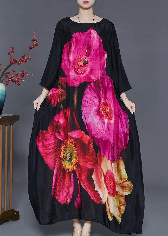 Holiday Glam Casual Black Oversized Floral Print Cotton Holiday Dress Summer