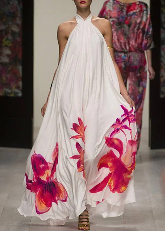 End of Season Sale Bohemian White Summer Sundress Sexy Halter Floral Print Long Dresses