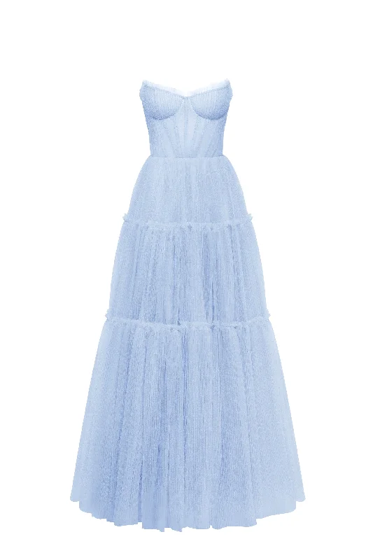 Edgy Fashion Light blue tulle maxi dress with ruffled skirt, Garden of Eden