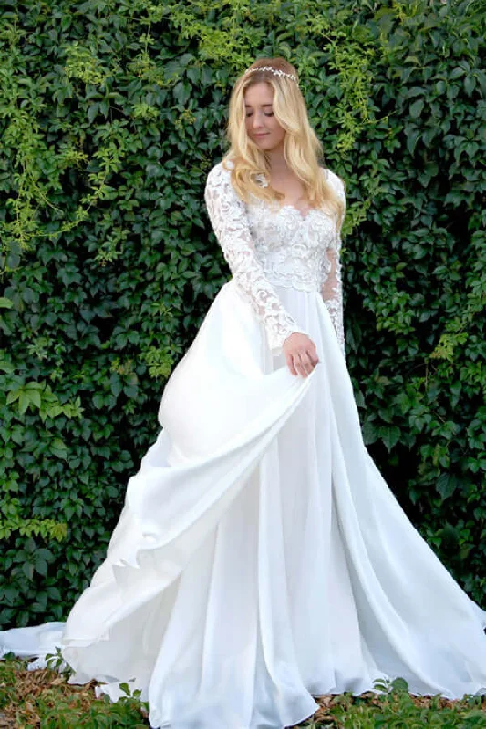 Women's Clothing Online Sale Roycebridal Chiffon A-line V-neck Long Sleeves Lace Appliques Wedding Dresses, MW843