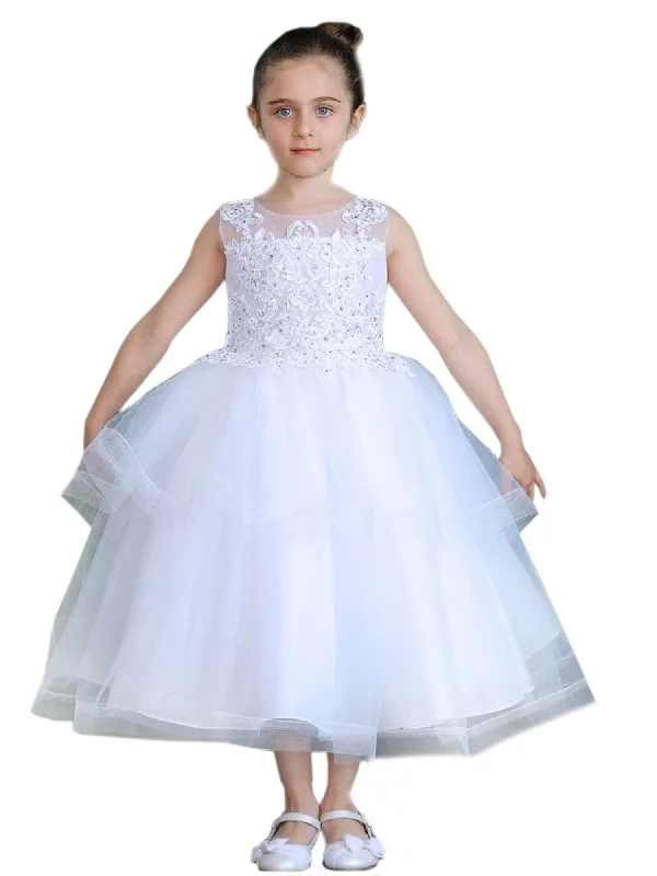 Fashion Forward, Function First Little Girls White Illusion Neckline Lace Organza Flower Girl Dress 2-6