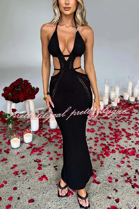 Premium Style Effortlessly Cool and Sexy Knit Crochet Cutout Halter Tie-up Stretch Maxi Dress Premium Style Effortlessly Cool and Sexy Knit Crochet Cutout Halter Tie-up Stretch Maxi Dress