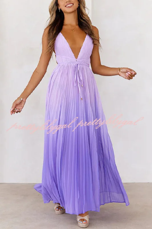 Trendy New Clothes Love Letter To You Pleated Gradient Print Back Tie-up Slit Maxi Dress