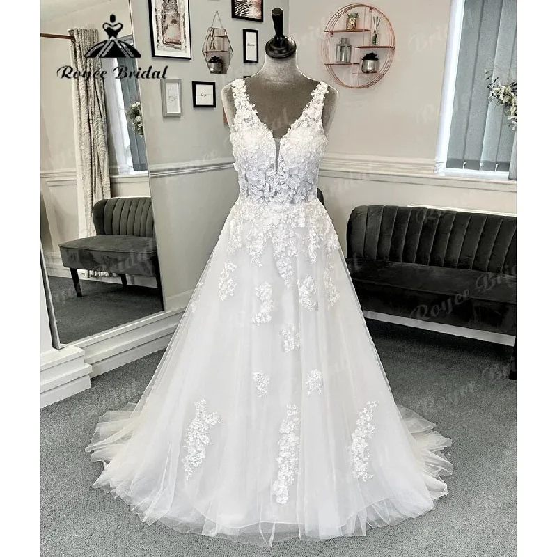 Business Casual Outfits Plunging Deep V Neck Lace Floral Wedding Dress for Women 2024 Appliques Backless Bridal Wedding Dress Custom Made Robe de mariee