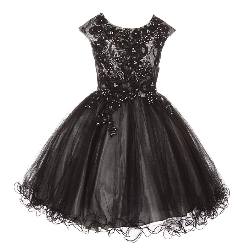 Trend Forward Threads For Her Little Girls Silver Black Rhinestone Embroidered Lace Flower Girl Dress 4-6