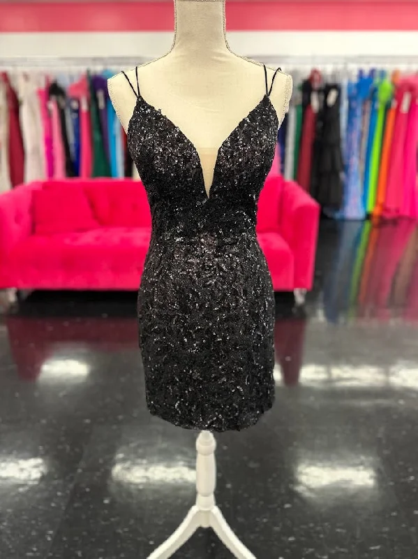 Day To Night Styles Amarra 87144 Size 6 Black Short Fitted Sequin Formal Cocktail Dress Backless Corset Homecoming Gown