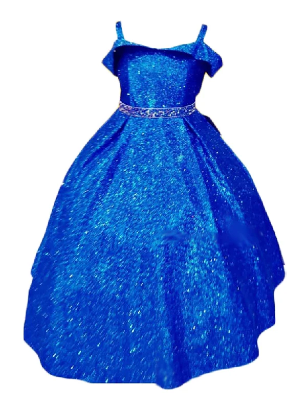 Redefining Women's Style Little Girls Royal Blue Metallic Off Shoulder Flower Girl Dress 2-6