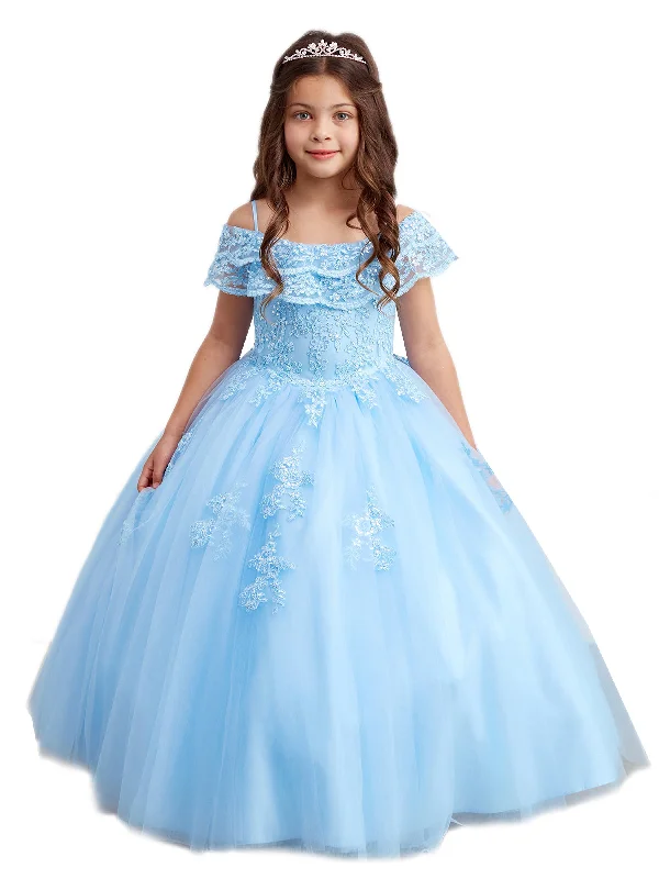 Style Revolution Little Girls Sky Blue Double Layer Lace Overlay Off Shoulder Pageant Dress 2-6