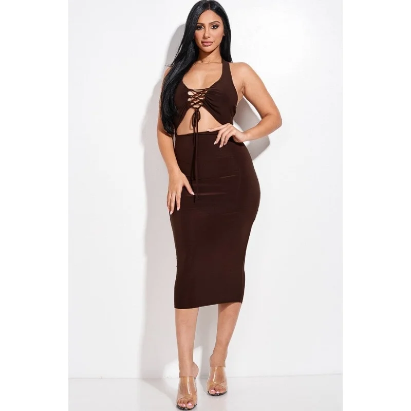 Outfits For Women Chocolate Solid Halter Neck Midi Dress With Criss Cross Front And Cutout