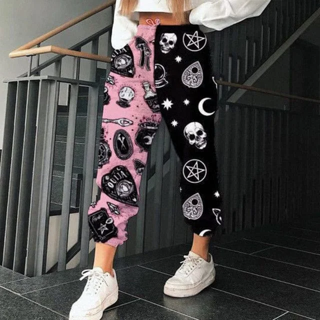 Style Versatile Women's Collection Women's Casual Pink & Black Skull Print Elastic Waist Pocket Wide Leg Pants