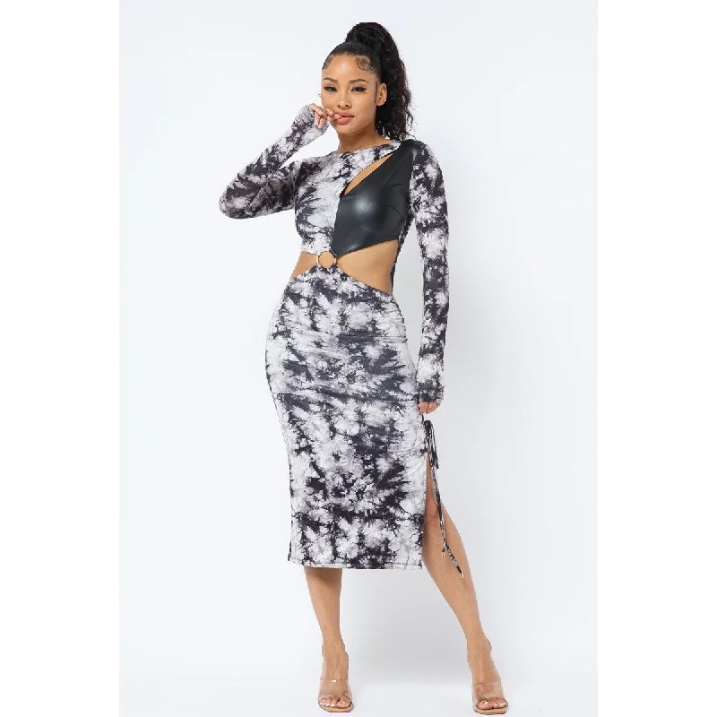 Women Wear Brands Chic Tie Dye Long Sleeve Midi Dress with Edgy Cut Out and PU Leather Details