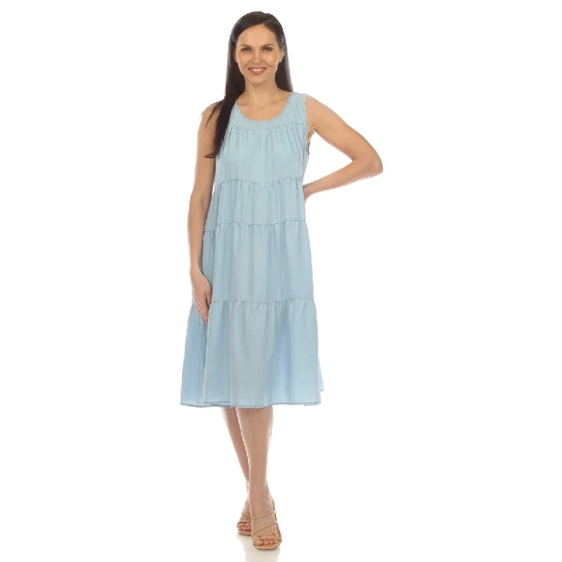 Women's Clothing Sale White Mark Women's Sleeveless Tiered Chambray Midi Dress