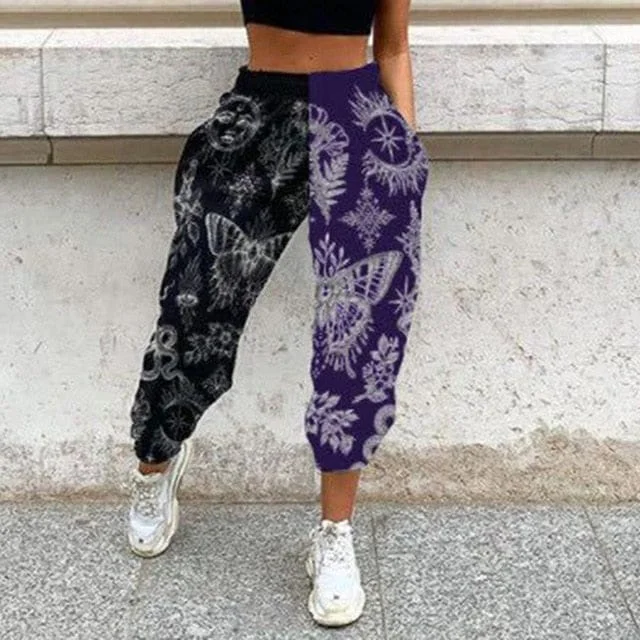 Season Appropriate Women's Collection Women's Casual Black & Purple Print Elastic Waist Pocket Wide Leg Pants