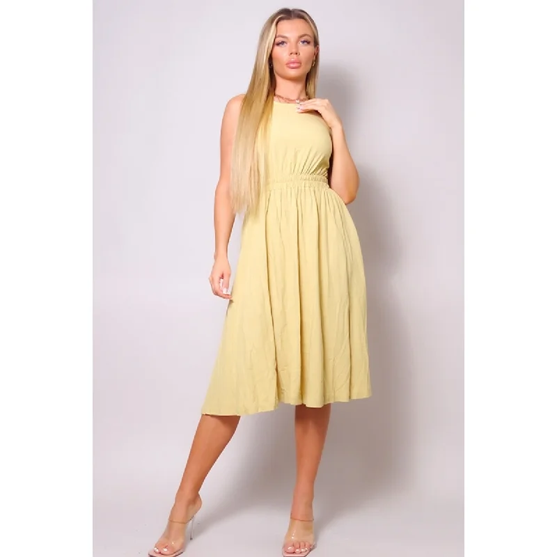 Trendy Outfits For Ladies Chic Sleeveless Linen Midi Dress with Back Cutout – Effortless Summer Style