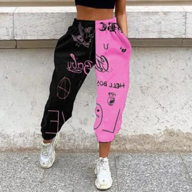 Trendy And Individual Women's Fashion Women's Casual Black & Pink Letter Print Elastic Waist Pocket Wide Leg Pants