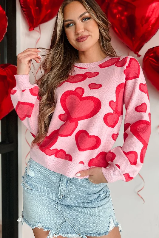 Women’s Outerwear for All Weather Conditions Curious Attraction Heart Pattern Sweater (Pink)