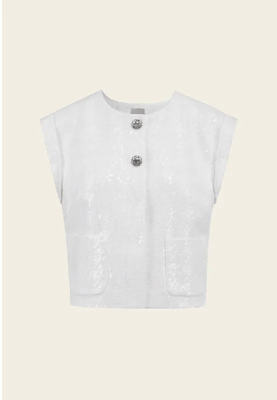 Clothing Online White Sequins Cap-sleeved Tweed Vest