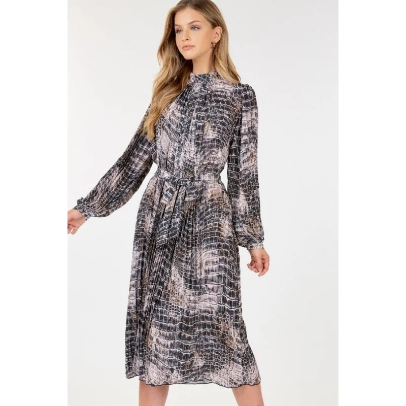 Clothes For Women Long Sleeve Pleated Snake Skin Print Midi Dress