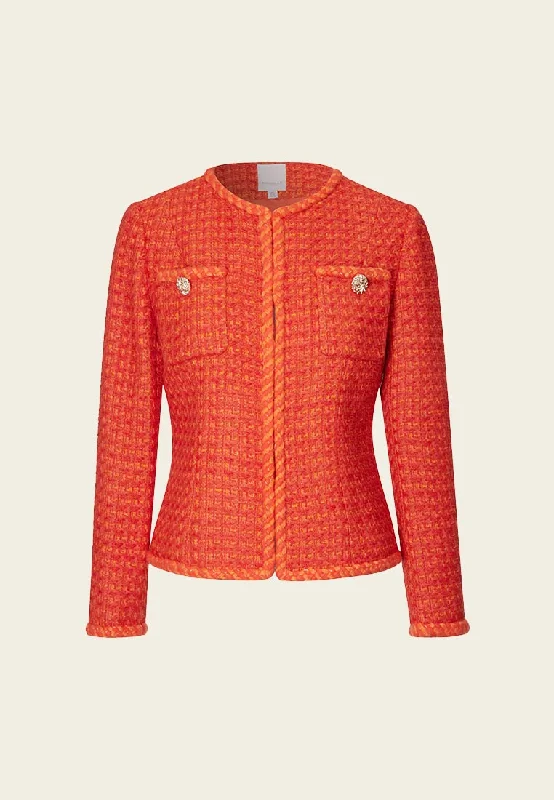 Online Clothing Stores Orange Golden Button Embellished Tweed Jacket