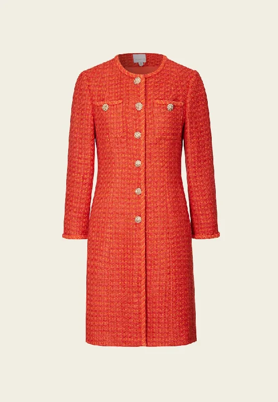 Clothing For Women Orange Golden Button Embellished Tweed Coat