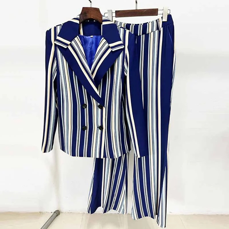 Chic Outfits Women's Blue Striped Flared Pantsuit Two Pieces Formal Set Party Suit